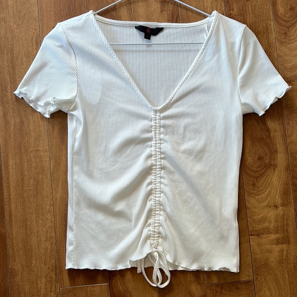 ❤️🔥5/20$ NOBO💫 Women’s White V-Neck Ribbed Drawstring Front Short Sleeve Top - Picture 3 of 8